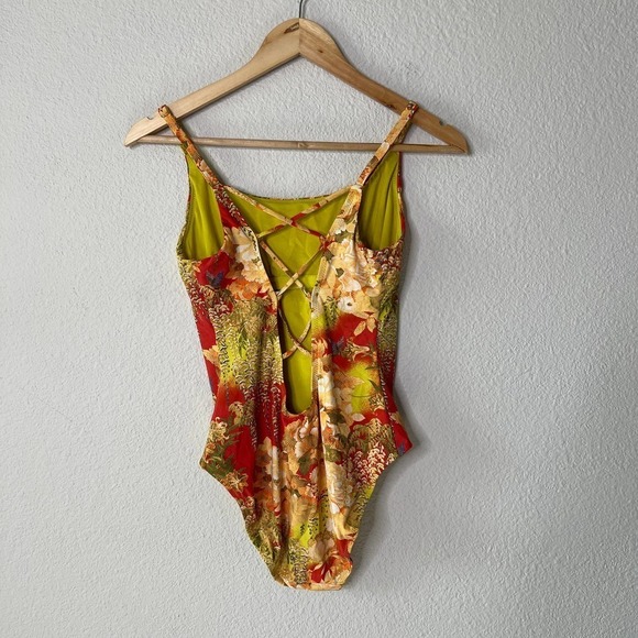 Natori Green Orange Asian Floral Lace Up One Piece Swimsuit - Picture 2 of 5
